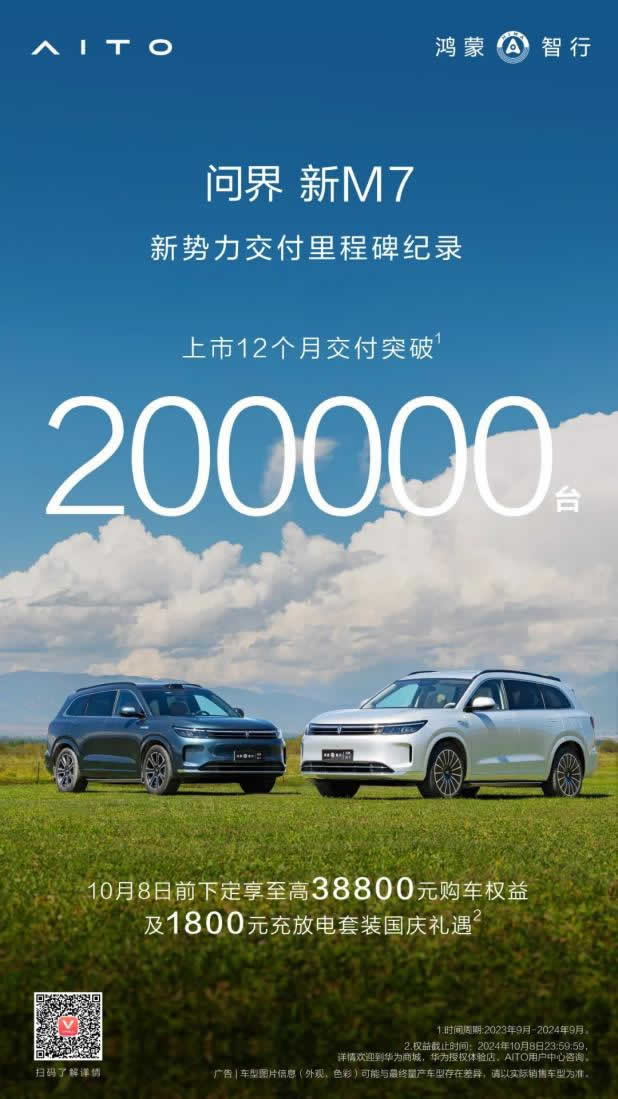 12個月20萬輛，“國民SUV”問界新M7持續刷新銷量紀錄